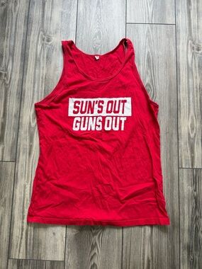 Unisex red tank top Sun's Out Guns Out" red tank top Size Small